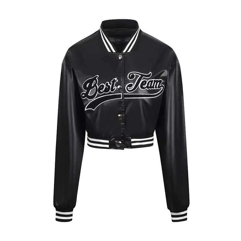 

Spring Autumn Women Cropped Varsity Jacket Fashion Women Embroidery PU Leather Coats Lady Streetwear Baseball Leather Jackets