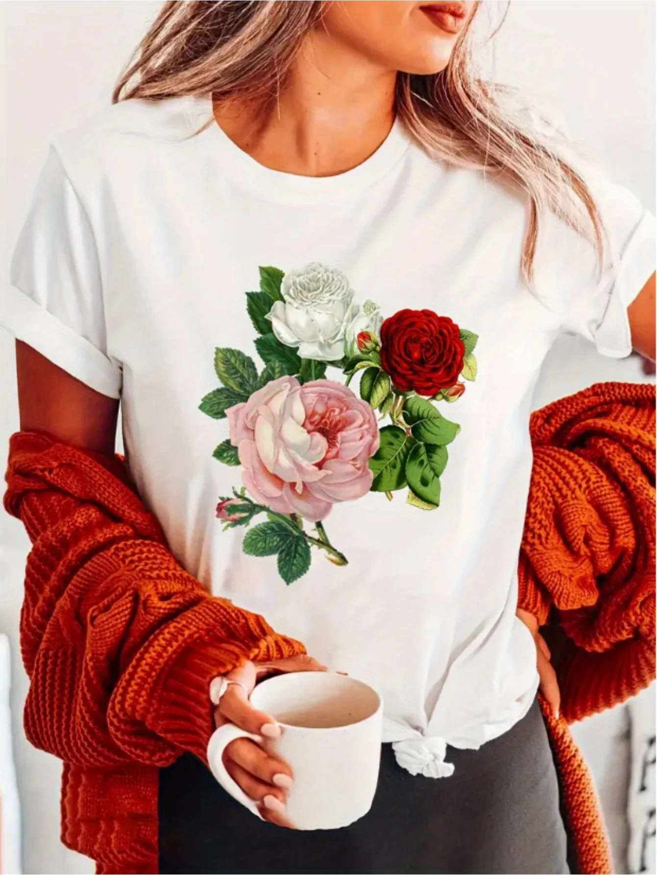 Women'S White and Red Rose Print T-Shirt Sleeve Round Neck Casual Red and Pink Floral Pattern Harajuku Sleeve Aesthetic Clothes