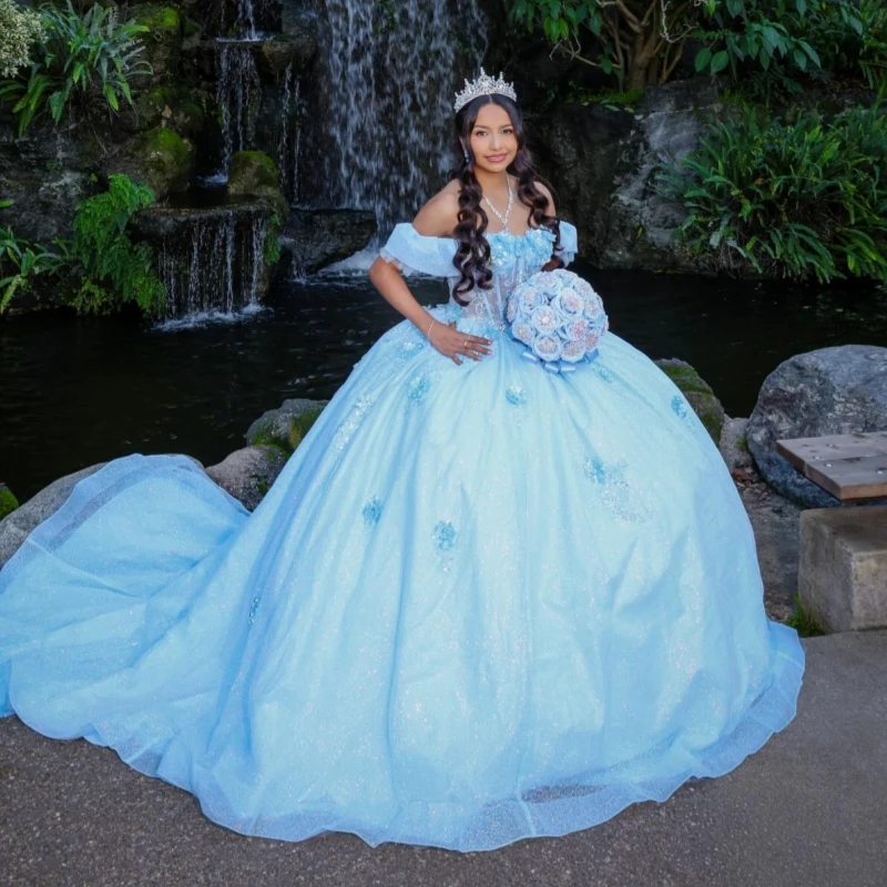 

Light Blue Shiny Ball Gown Quinceanera Dresses Applique Flower Beads Tull Corset Off Shoulder Sweet 16 Dress Vestidos 15 De Anos