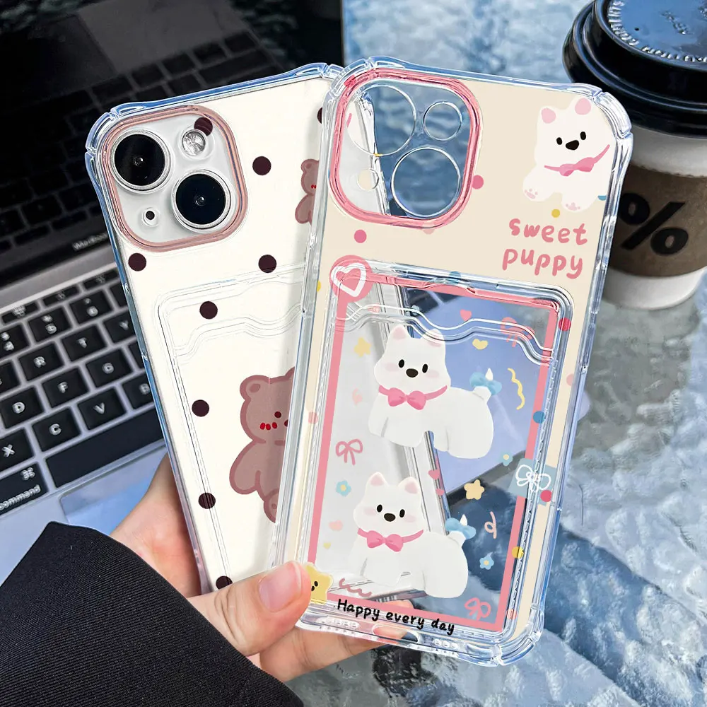Kartenhalter Niedlicher Hund Handyhülle für iPhone 11 13 14 15 16 Pro Max 12 14promax 13promax Silikon stoßfeste Kartensteckplatz Funda Cover