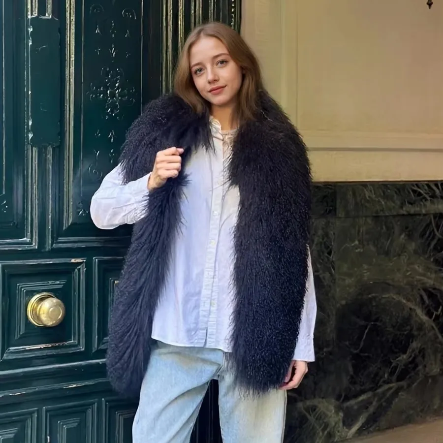 여성 겨울 따뜻한 티베트 양털 스카프 롱 내추럴 퍼 액세서리 푹신하고 부드러운 숄 신상품 정품 퍼 스카프