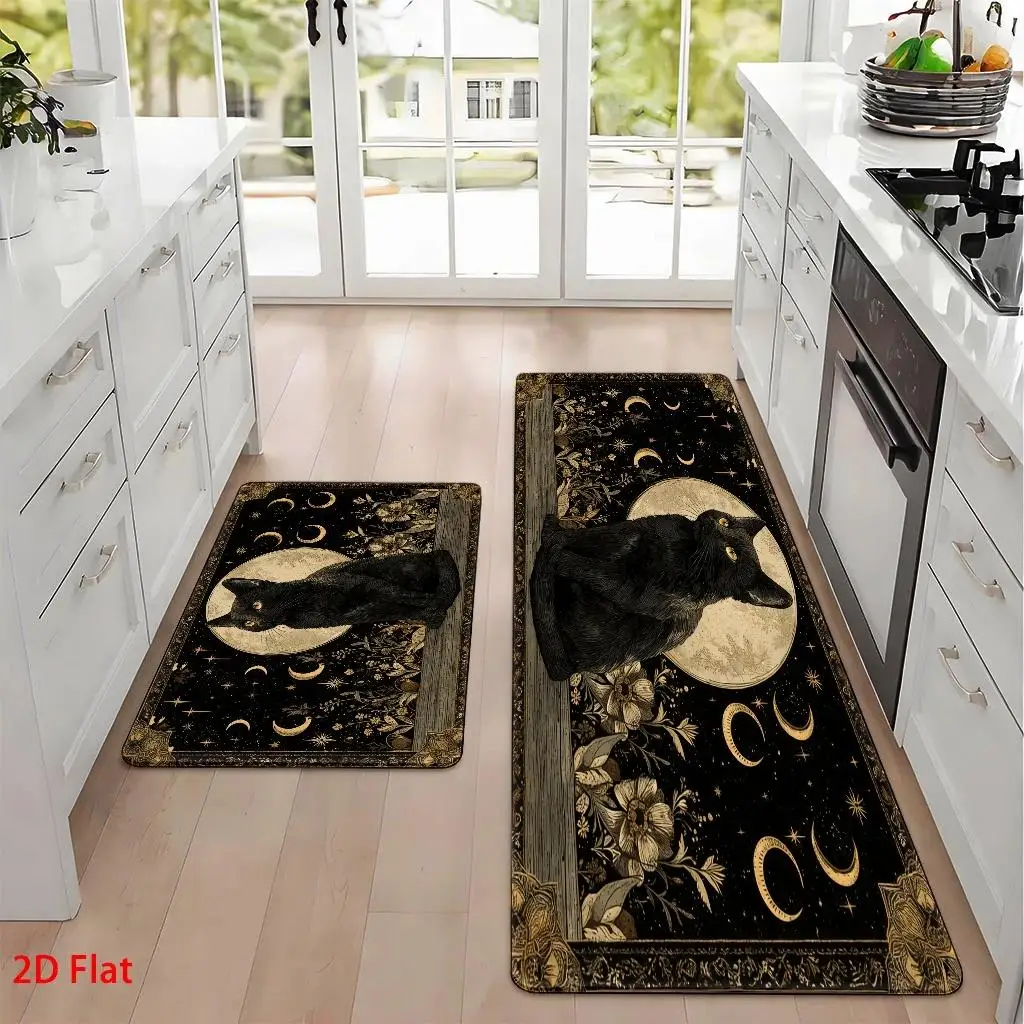 Vintage Mysterious Black Cat Moon Flower Non - Slip Absorbent Kitchen Doormat, Wear - Resistant And Dirt - Resistant, Machine