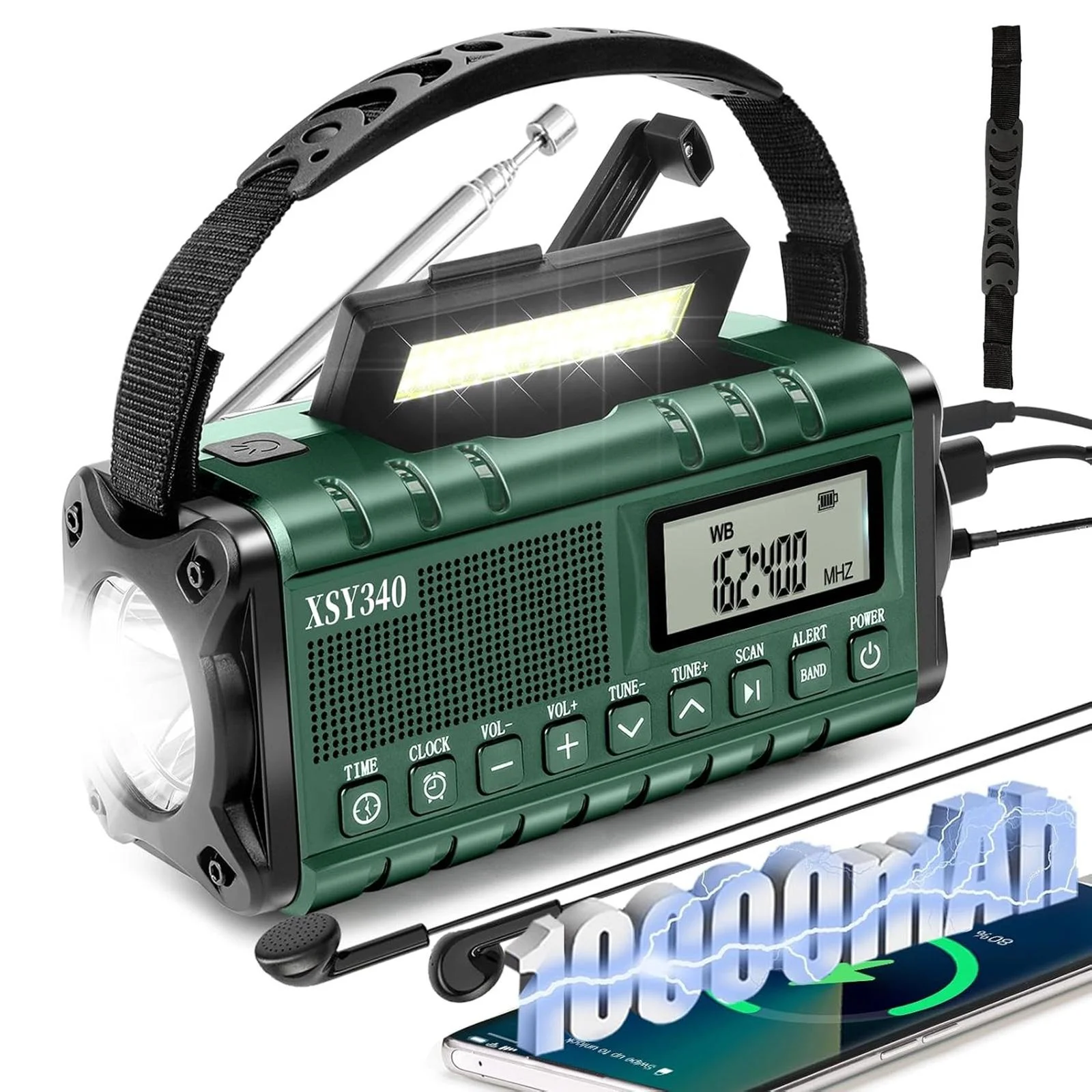 

10000mAh Hand Crank Solar Emergency Radio with AM/FM/WB NOAA Weather Alert Type-C Charging LCD Clock, LED Flashlight & SOS Alarm