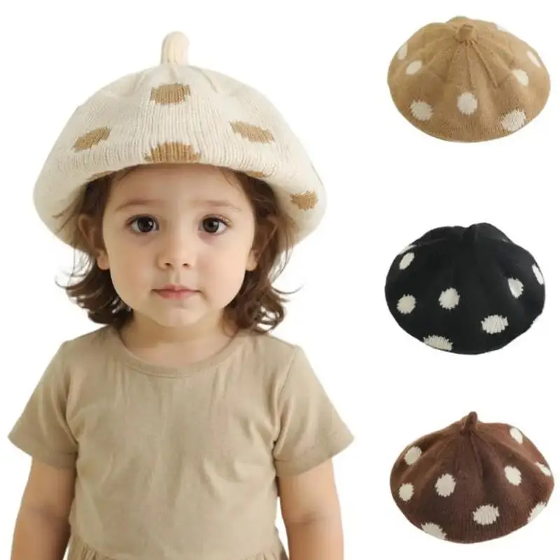 

Baby Beret Hat Winter Warm Knitted Beanie Cap For Infant Girls Korean Toddler Princess Artist Solid Color Dot Painter Caps Hot
