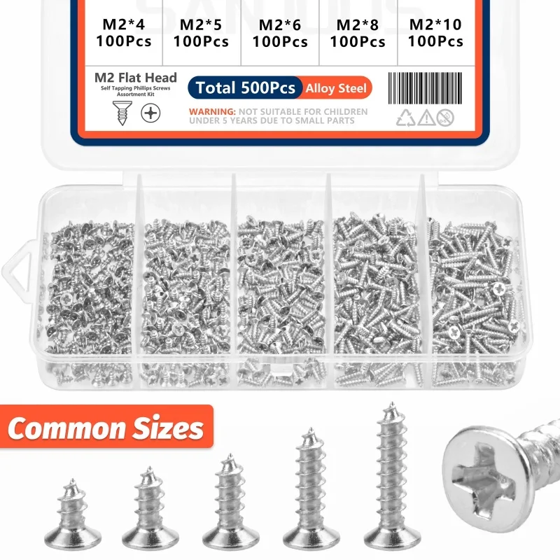 

500PCS M2 self tapping screws Assortment Kit 5 Sizes Alloy Steel Cross Drive Flat Head Self Drilling Wood Screws DIY