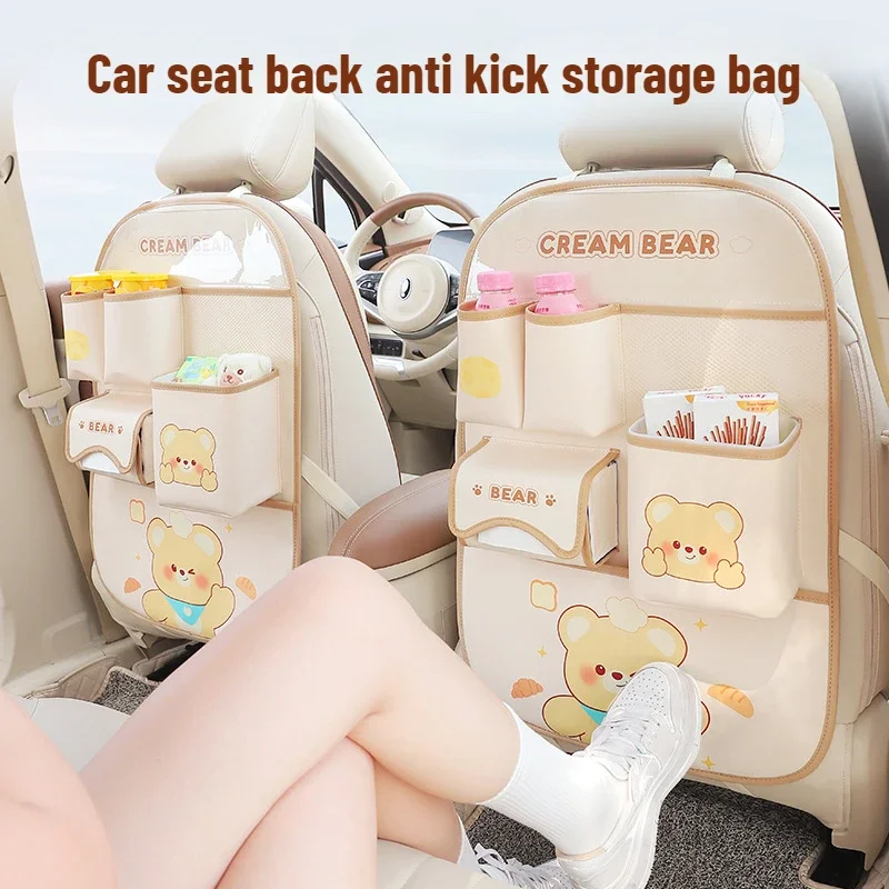 

Cute Cartoon Car Holder Seat Back Storage Bags Anti Kick Mat Protector for Kids Multi-functional Storage Pockets Stand Trash Bin