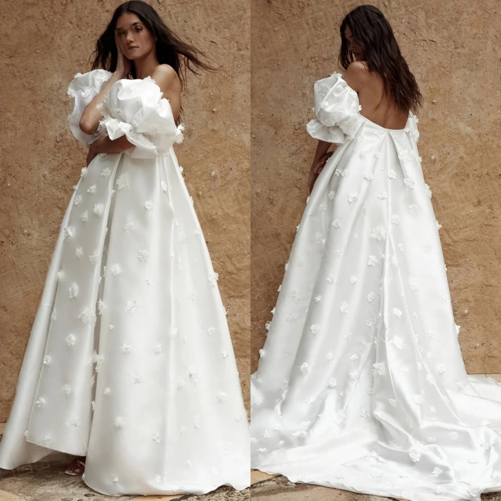 

Customized Simple White Satin Wedding Dress Formal Boat Neck Short Sleeves Prom Dresses Soft A-Line Appliques Bridal Gowns
