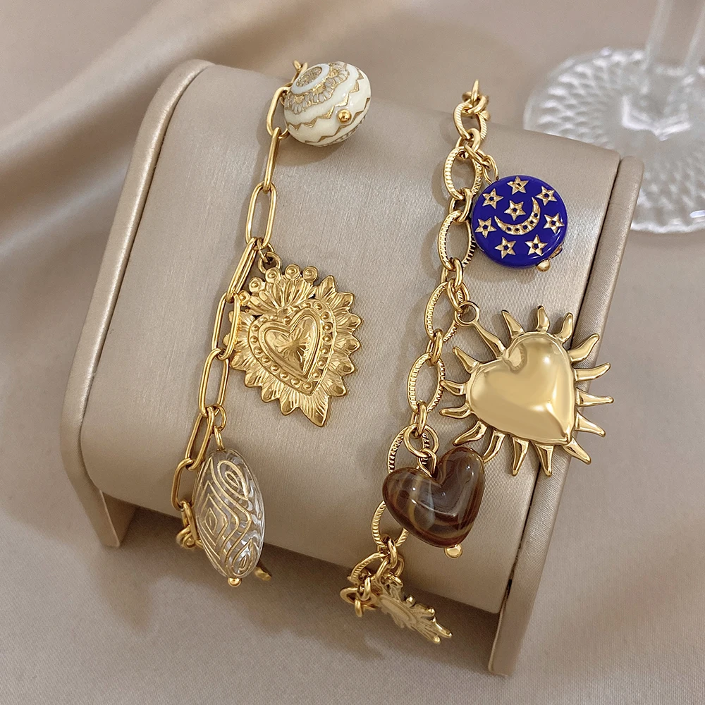 Boho Multi Charms Gold Plated Stainless Steel Sunflower Heart Star Moon Enamel Tile Oval Pendant Layered Bracelet for Women