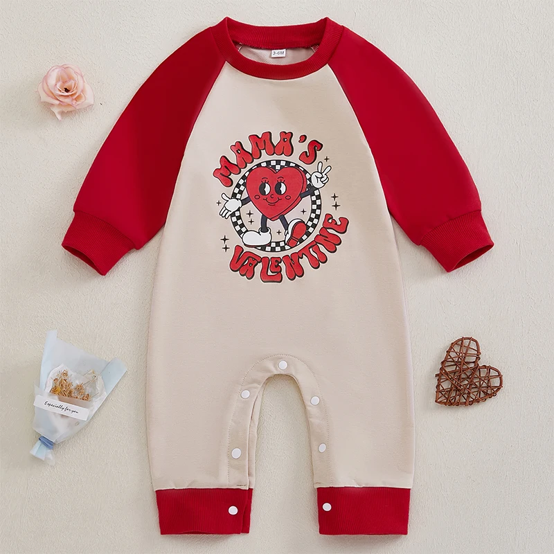 Baby Valentine s Day Jumpsuit Heart Letter Print Round Neck Raglan Long Sleeve Fall Romper