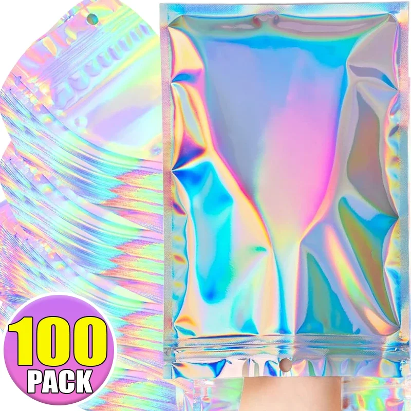 100/10PCS Iridescent Self-Sealing Bag Plastic Waterproof Laser Holographic Clear Storage Bag Makeup Jewelry Zipper Packing Pouch