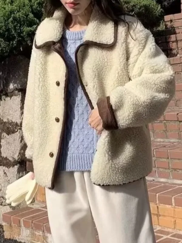 

Ladies' Lamb Fur Collar Cotton Jaet Spring Autumn Winter New Sle Vintage Lazy Color Blo Trimmed Coat Women's Faion