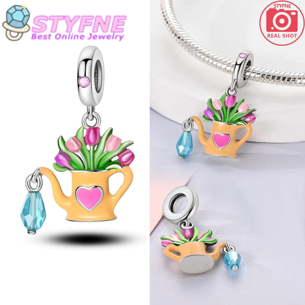 Boutique 925 Sterling Silver Love Watering Can Tulip Drops Charm Fit DIY Bracelet Necklace For Women Camping Accessories