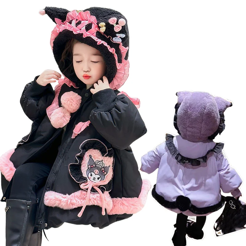 Kuromi Sanrios Cotton Clothes Kawaii Cartoon Girl Plus Velvet Coat Quilted Autumn Winter New Child Clothing Thicken Jacket