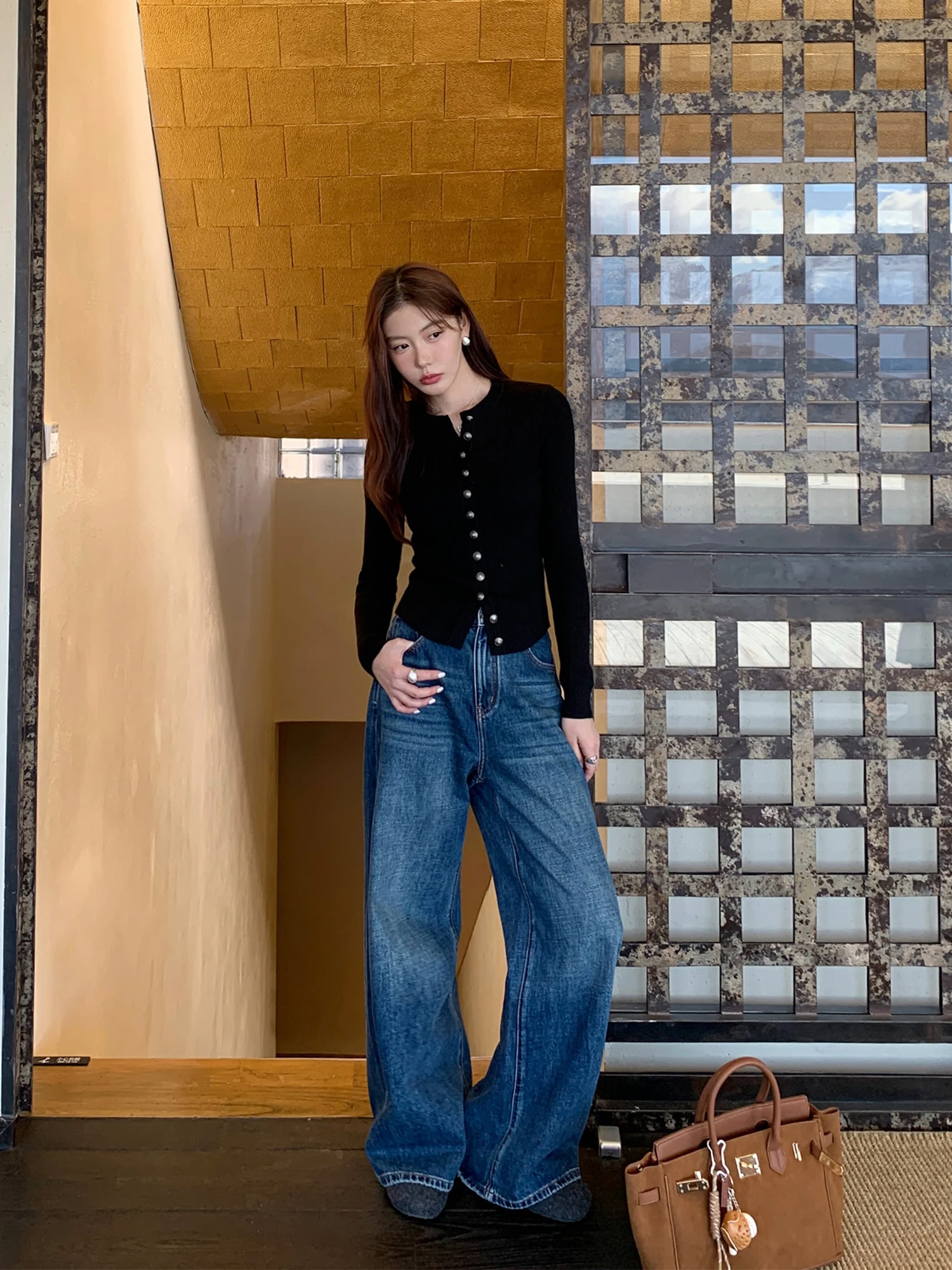 Pusumede Vintage High Waist Wide Leg Jeans Women Loose Straight Cut Trousers Floor Length Pants Cotton Blend Zipper Closure