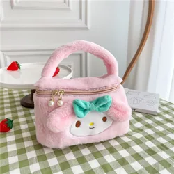 Sanrio-Bolsa de maquillaje de felpa suave para mujer, neceser grande con cremallera de Hello Kitty, Cinnamoroll Kawaii, neceser de viaje con cremallera