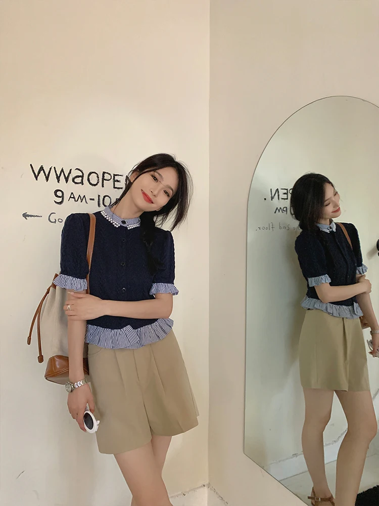 

Deep Blue Patchwork Knitted ort Sve Sweater Women's Slim Fit Stand Collar Top Yang Pao Pao Commute Sle Autumn New Arrival