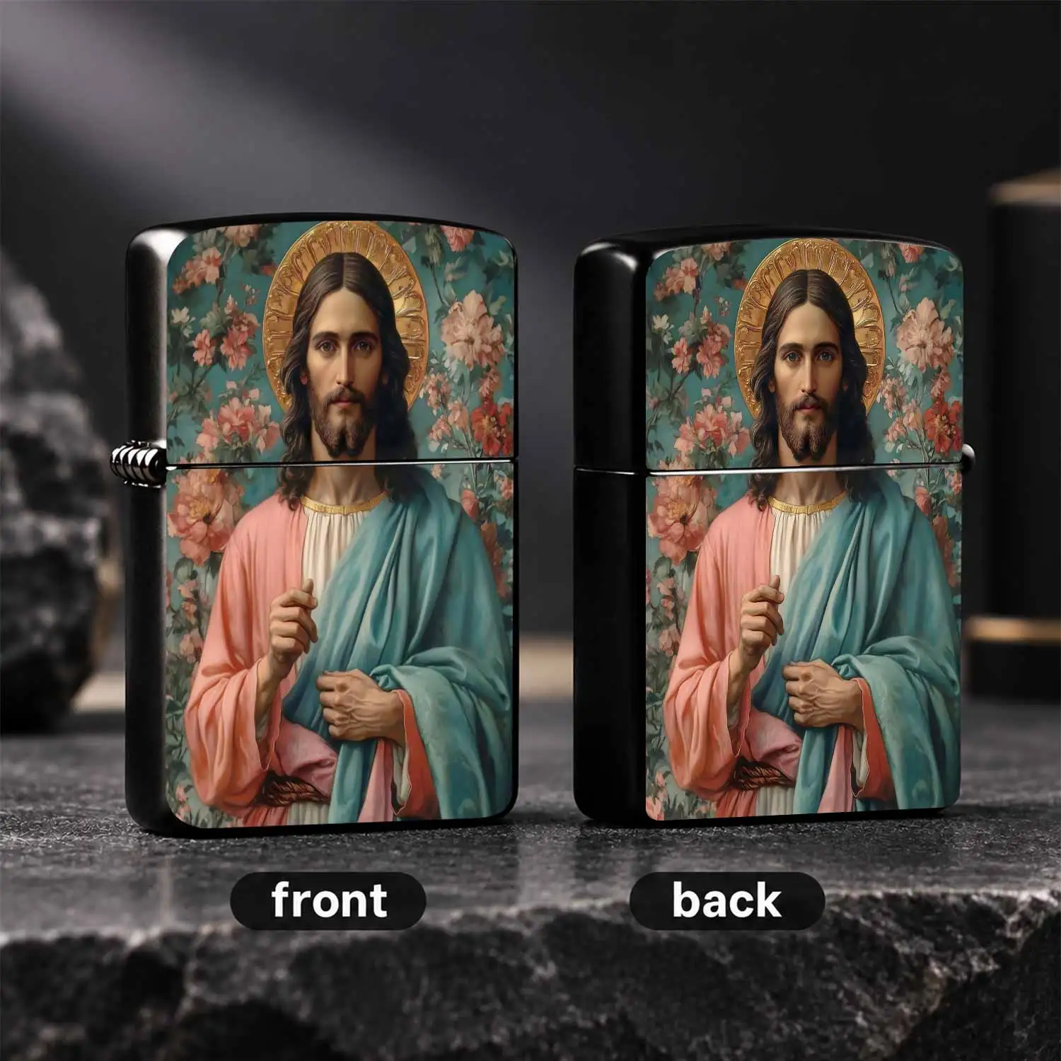 Retro Oil Painting Style Jesus Portrait, Durable Windproof  With Floral Background, Religious Themed Collectible, Ideal For Believers Daily Use, Gifting, Exquisite Art Desktop Home Decor A Fun And Humorous Lighter