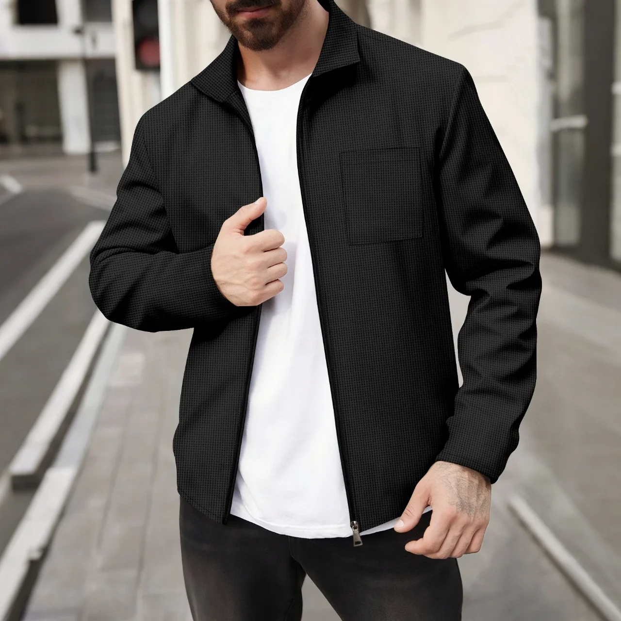 Men's waffle knit button-up jacket - casual long-sleeved, with a stand-up collar design, lightweight coat featuring a chest pock