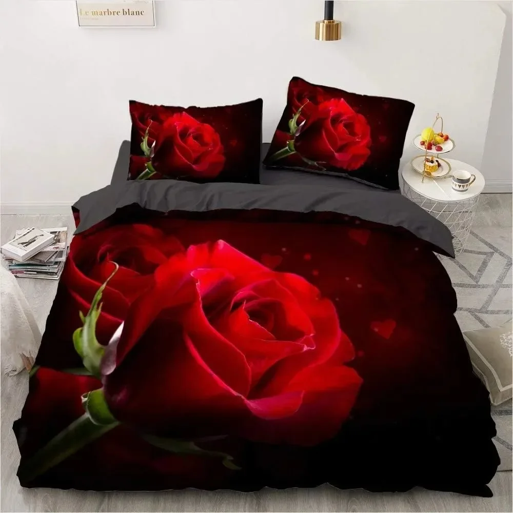 3D Print Red Rose Bedding Set Romantic Rose Pattern Duvet Cover Wedding Gifts Bedroom Decoration Adults Europe Bed Set King Siz