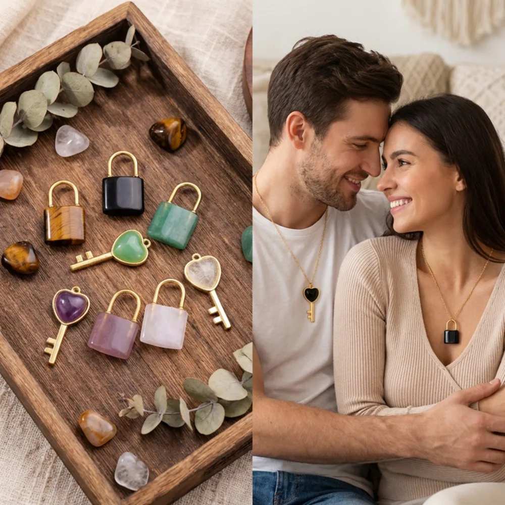 Natural Stone Couple Pendant Heart-shaped Key & Love Lock Key Jewelry Set Crystal Stone Pendant