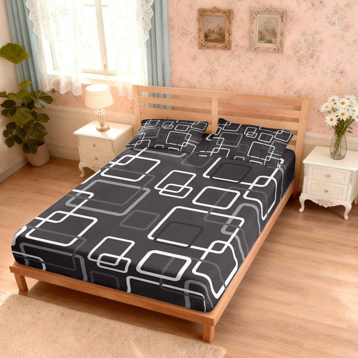 3pcs Geometric Line Printed Coreless Bed Sheet Set, Multi Size Soft Bed Cover, Bedroom Bedding Decoration