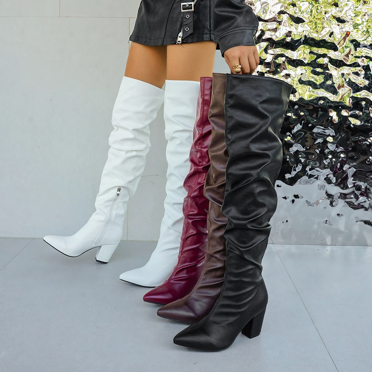 2026 New Solid Color Pleated Piled Up Over-the-knee Boots Autumn Winter Women's Plus Size Pointed Sexy Thick Heel Fashion Boots