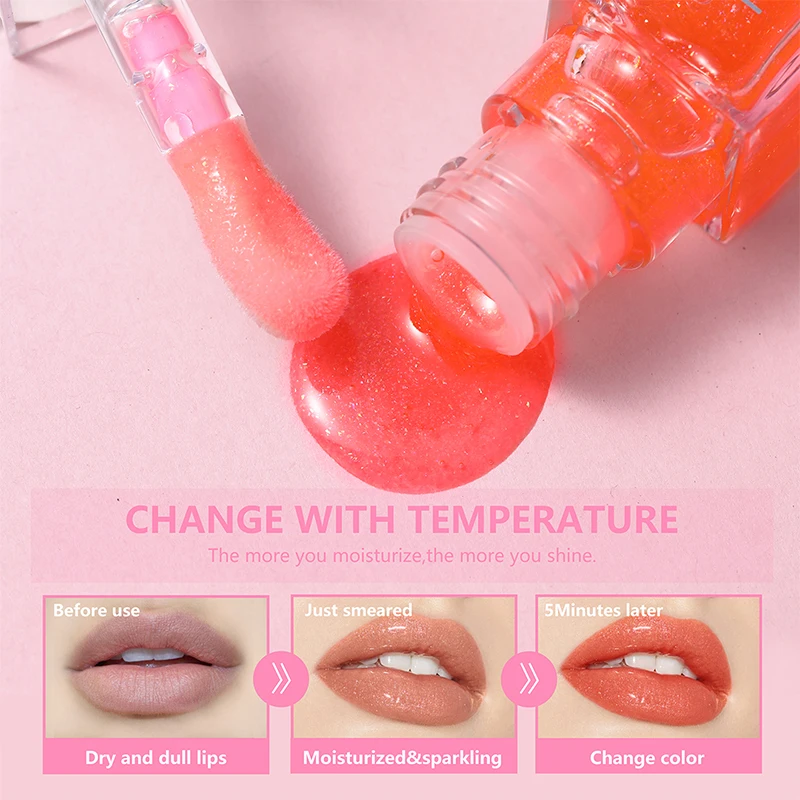Orangerot feuchtigkeitsspendender Lipgloss, glänzender öliger Lipgloss, natürliches Lippenaufhellungsprodukt, zur Verschönerung der Lippen.
