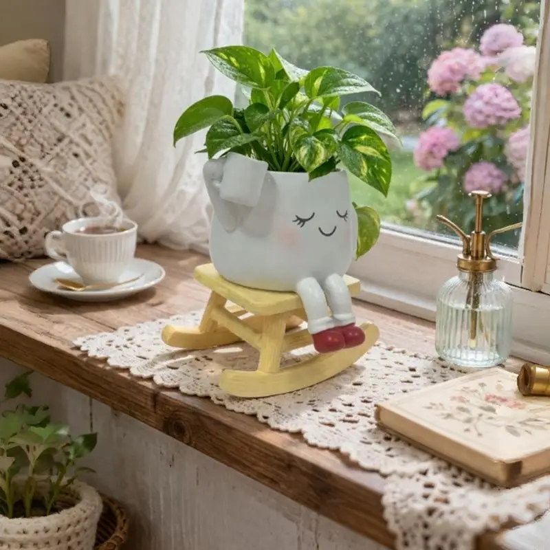 Character Flower Pot 1Pair with Closed-Eye Faces, Molded Construction and Bottom Drainage Holes for Desk and Windowsill Foliage