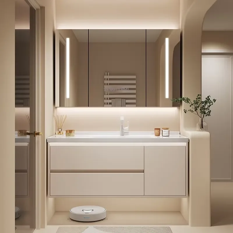 All-in-One Basin Intelligent Mirror Wall-Mounted Multi-Layer Solid Wood Cream Bathroom Cabinet Combination