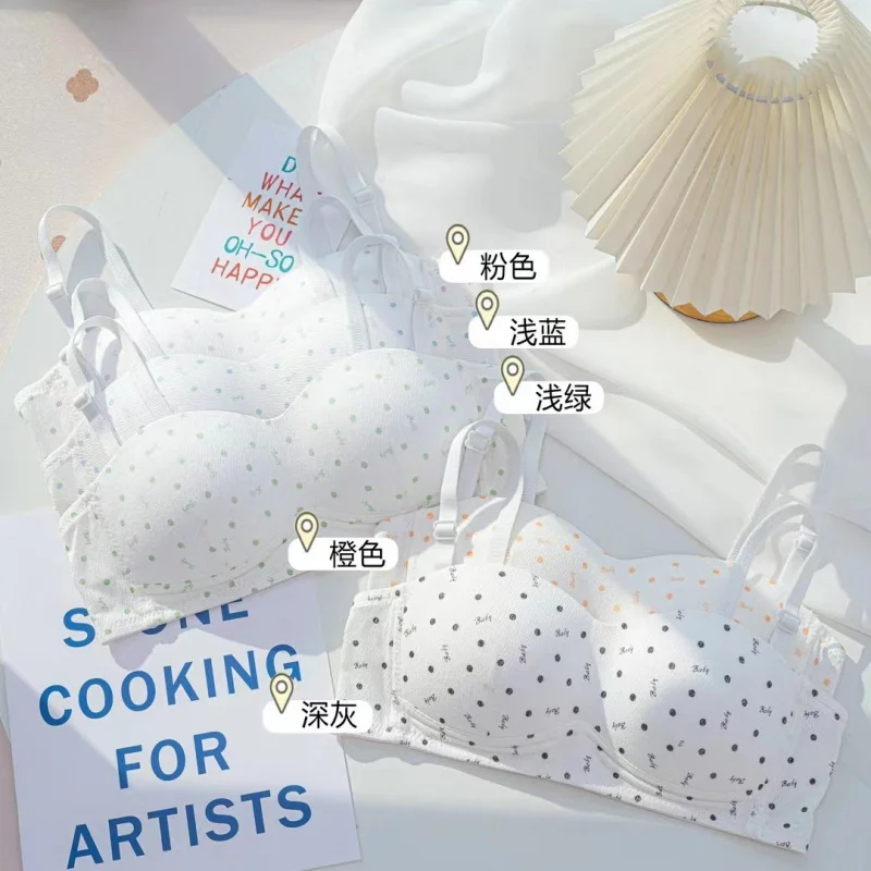 

New girl polka dot high school students strapless underwear for women without steel rings gathering anti-sagging thin bra
