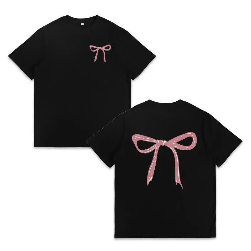 

Cute Pink Bow Graphic T-shirt for Women Y2K Aesthetic Casual Loose Tee Tops Back & Pocket Print Streetwear Gifts