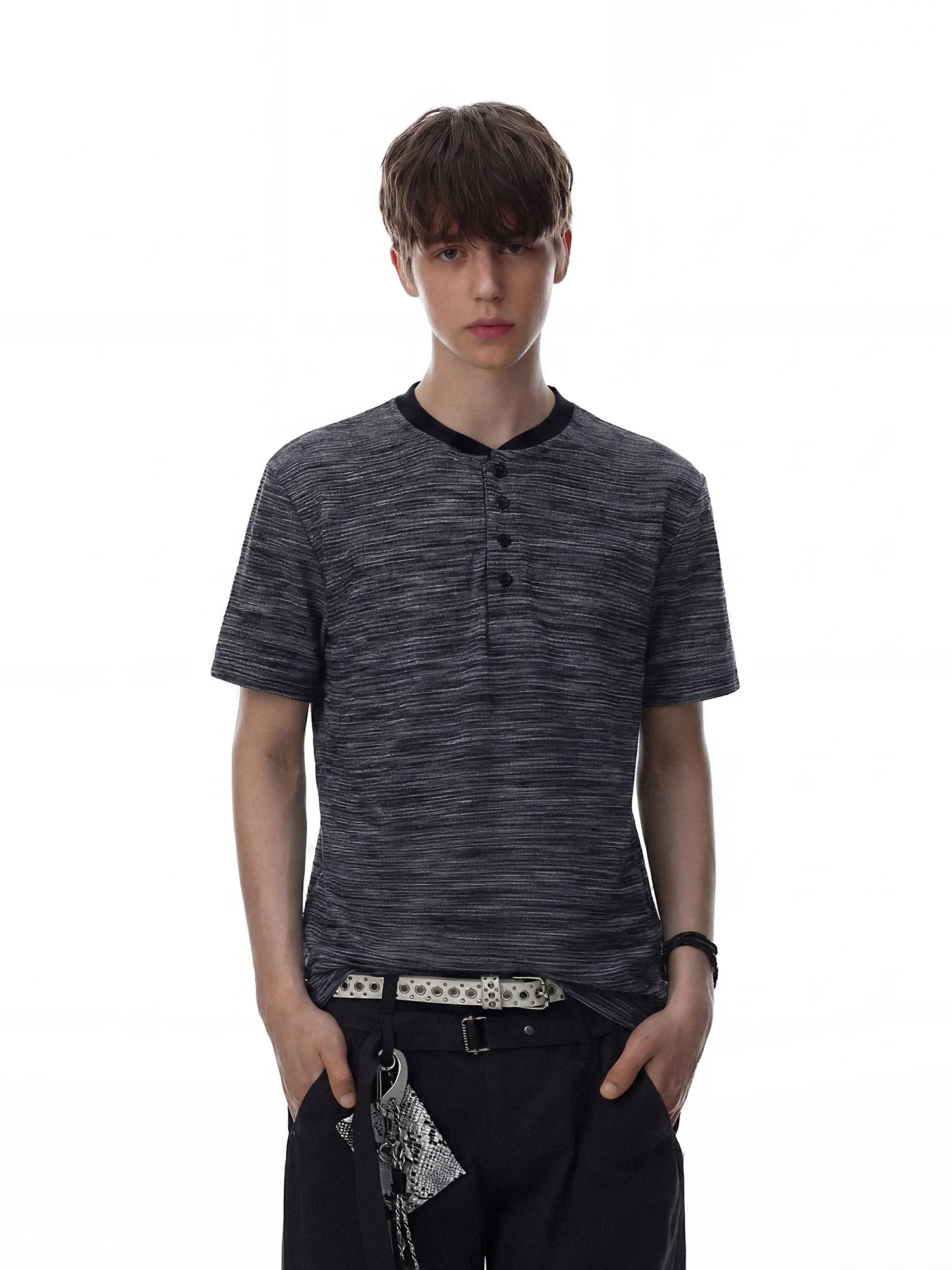 MRNEARLY American Retro Henry Collar Short Sleeve T-Shirt Men's Texture Design Simple Trendy Top Summer Breathable Comfortable