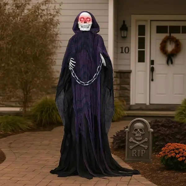 Sound Activated Animated Grim Reaper with Red LED Eyes, 6 Foot Tall, Moving Head and Hands