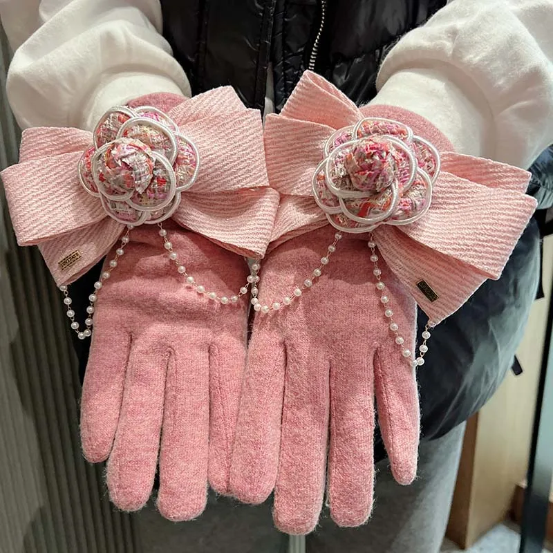 Women Gloves Winter Cashmere Black Pink Big Rose Flower Bowknot Gloves Fashion Elegant Touch Screen Female Gift