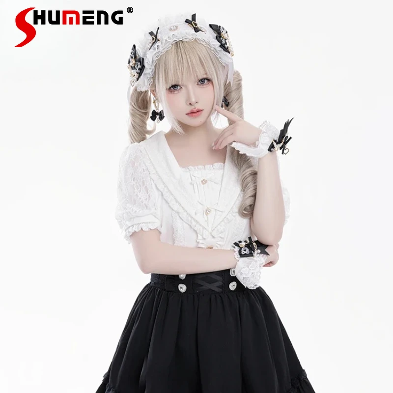 New Cute Lace Blusas Japanese Lolita Style Hot Girl Slim Fit Blouse Sailor Collar Short Sleeves Single-breasted Shirt For Women