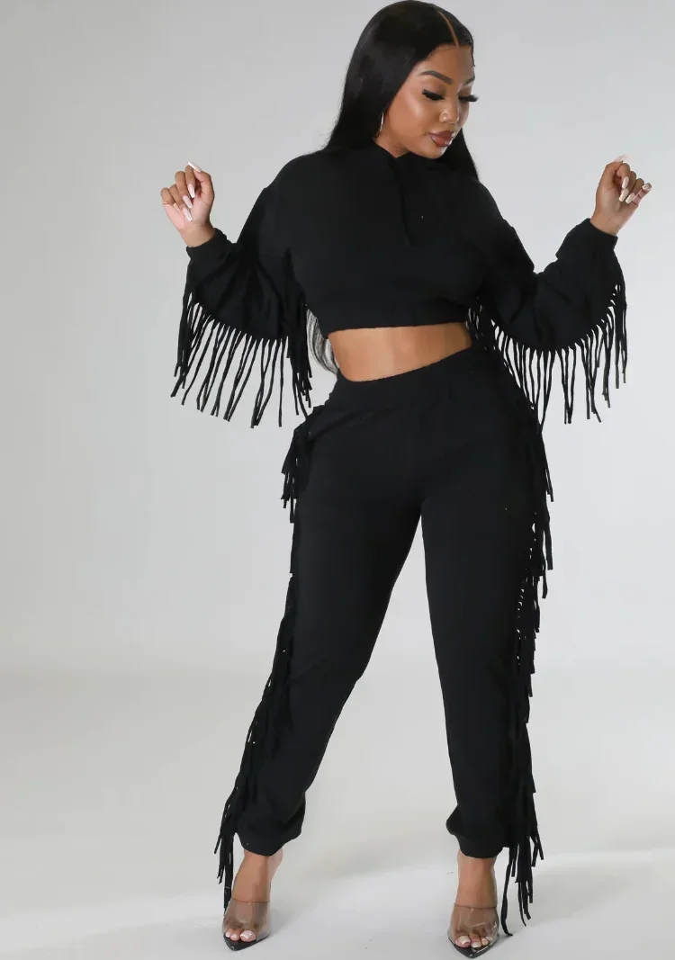 GUWU Elegante Quaste Herbst Zwei Stück Set Langarm Mit Kapuze Hemd + Lange Hosen Solide Sportsuit Passenden Set Casual Frauen trainingsanzug