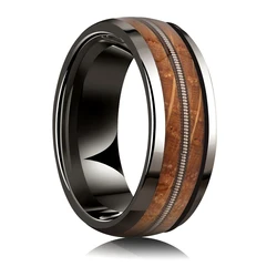 High Quality Tungsten Jewelry 8mm Gunmetal Whiskey Barrel Wood Inlay Guitar String Ring For Men Engagement Wedding Ring, For Da