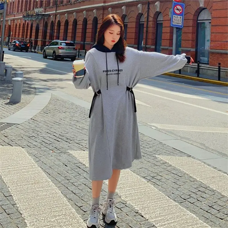 Spring Autumn New Contrast Hooded Casual Dresses Long Sleeve Letter Printing Lacing Dress Vintage Fashion Women Clothing