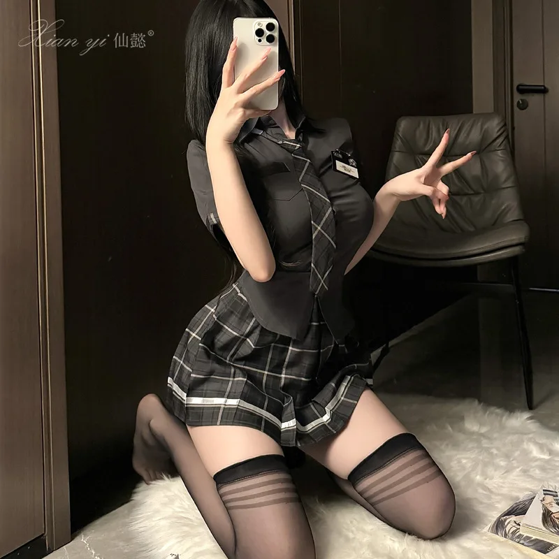 Womens School Girls Uniform Short Sleeve Shirt with Plaid Pleated Skirt and Tie Cosplay Outfits  Anime Lingerie Japanese Korean