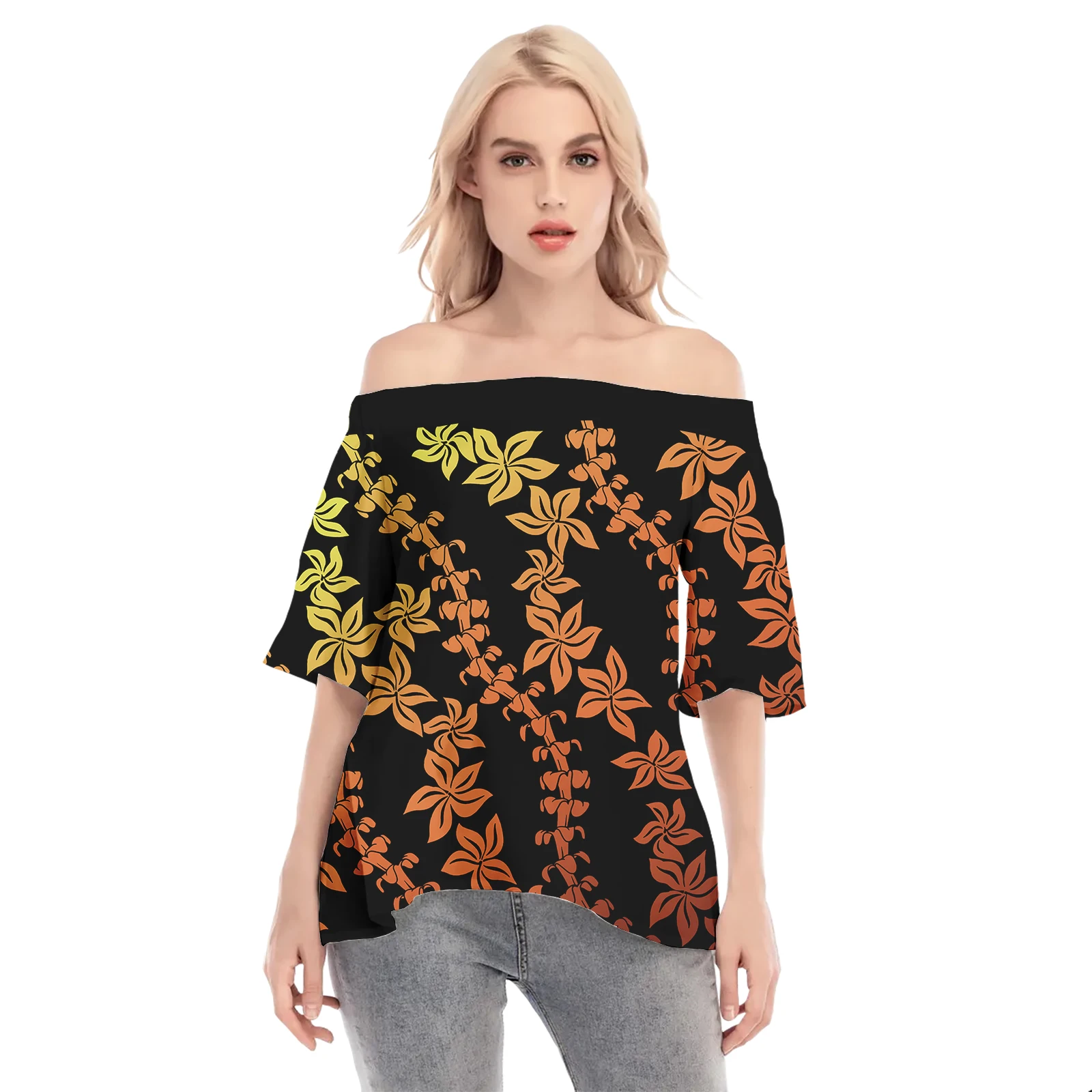 

Elegant Party Plus Size Blouses For Women Polynesian Tribal Off Shoulder Sexy Hawaii Print Shirt & Blouse Custom T-shirt Top