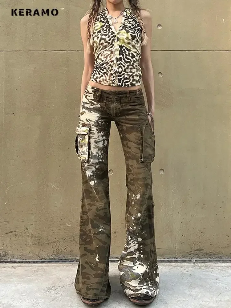 Retro Camouflage Print Sheath High Waist Flared Jeans Retro Y2K Pants Women Vintage Slim Streetwear Style Pockets Denim Trouser