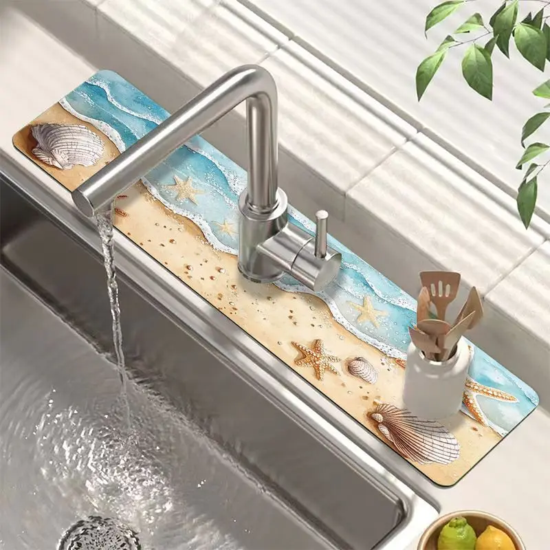 VIKAMA Beach Starfish Seashell Diatomite Faucet Mat Super Absorbent Non Slip Kitchen Sink Tap Splash Guard Draining Pad