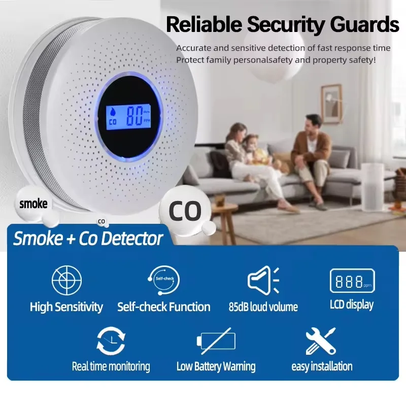 2-in-1 Compound Carbon Monoxide Detector Smoke Alarm 85db High Precision Sensitive CO Alarm Lcd Digital Display for Home Hotel