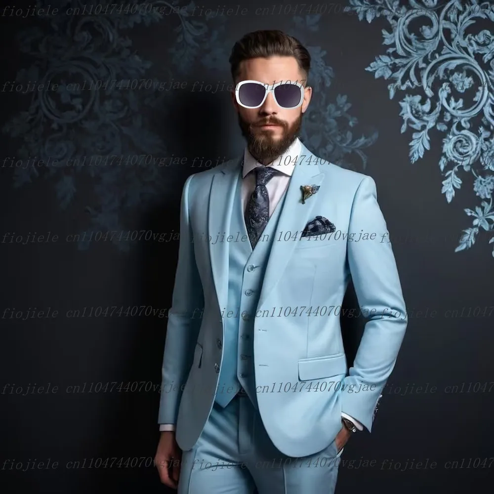 

Customized Sky Blue Men Suit Formal Occasion Wedding Party Groom Groomsman Business Male Tuxedos 3 Piece Set Jacket Vest Pants