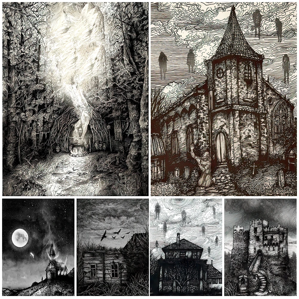

Horror Haunted Houses Wall Art Canvas Painting Ghosts And Demons In Ancient Castles Art Poster And Print Home Decor Unframed