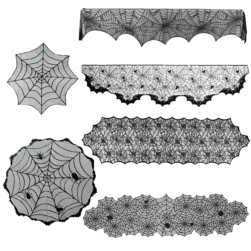 Halloween Spider Web Tablecloth Round Long Black Lace Table Flag Lampshade Fireplace Cloth Halloween Home Festival Decoration
