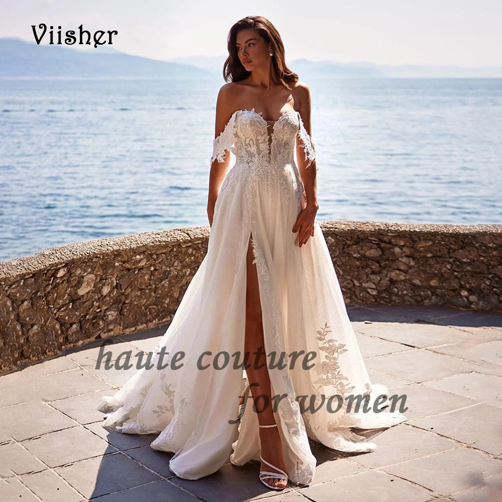 Abiti da sposa da spiaggia 2024 Appliques di pizzo con spalle scoperte Sweetheart A Line Bohemain abiti da sposa con abito da sposa con strascico A fessura