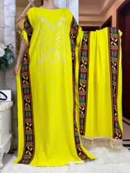 Summer African Short Sleeve Cotton Dresses With Big Scarf Loose Printing Floral Boubou Maxi Islam Women Diamonds Abaya Clothes