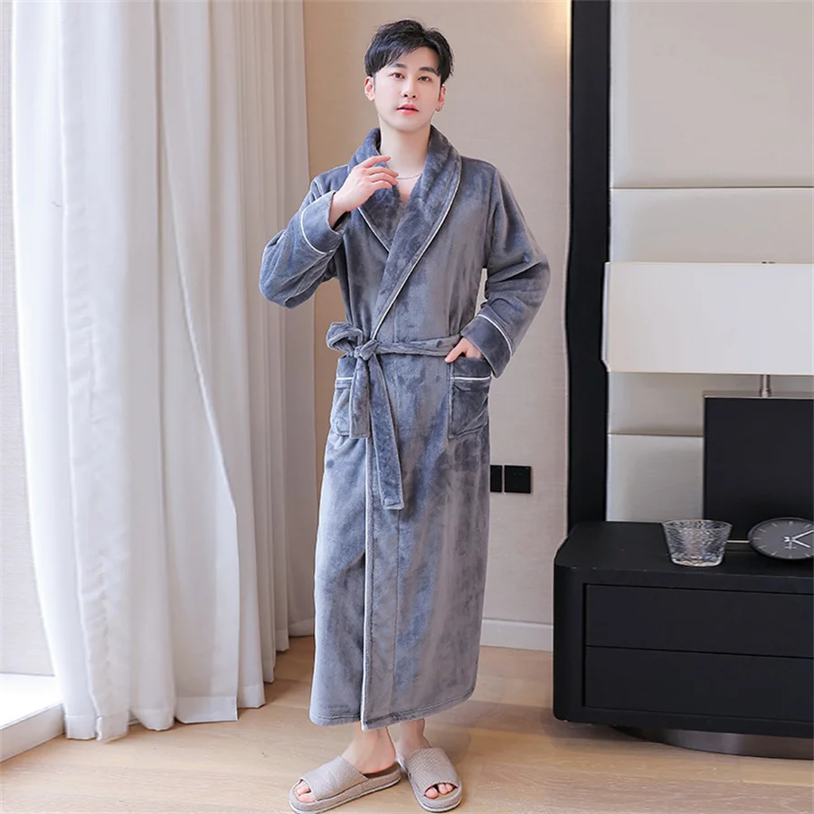 Men\'s Winter Thicken Flannel Robes V Neck Warm Bathrobe with Belt Men Fluffy Shower Robe Dressing Gown Male Sleepwear Housewear