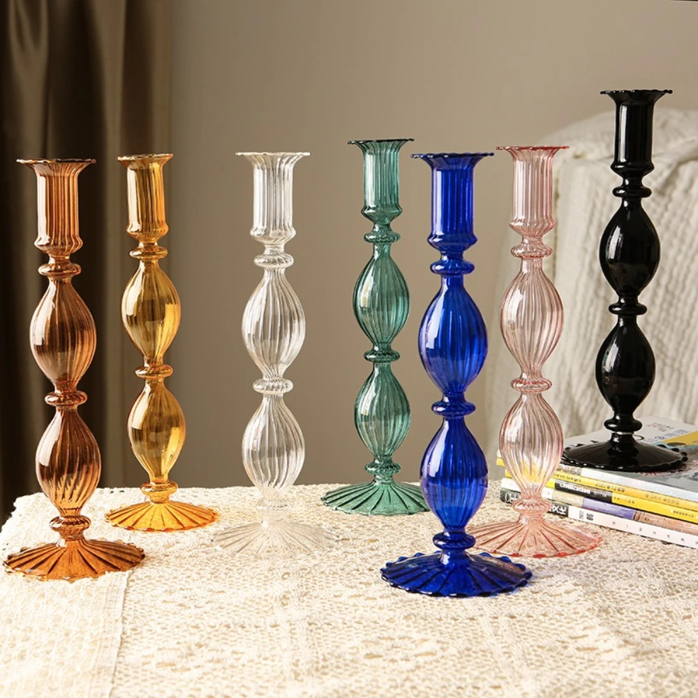 Creative and Minimalist Colored Glass Candle Holders Romantic Candlesticks Dining Table Ornament Nordic Style Home Party Decor